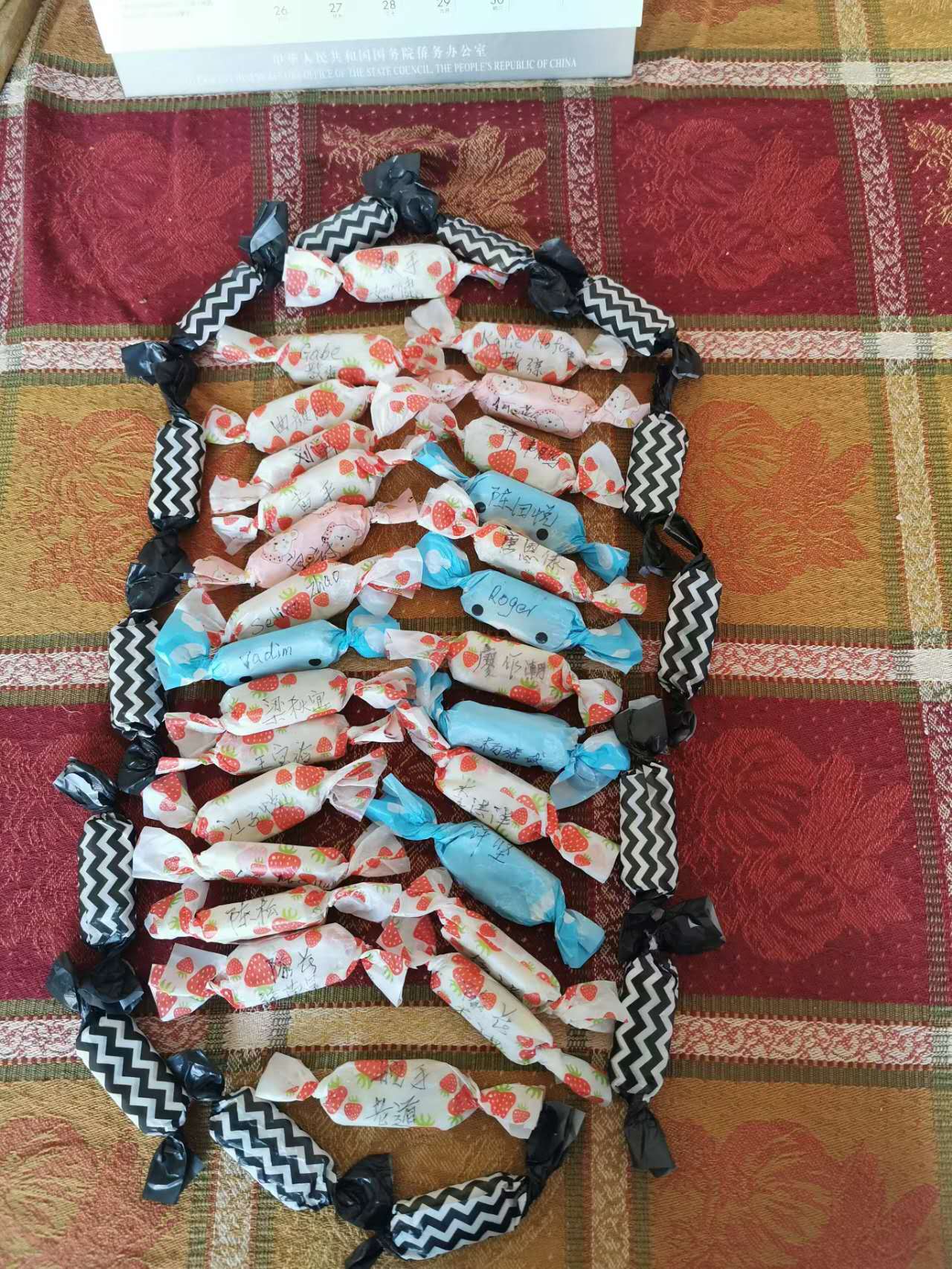 Hand-wrapped candies labelled with JingJing Team member names